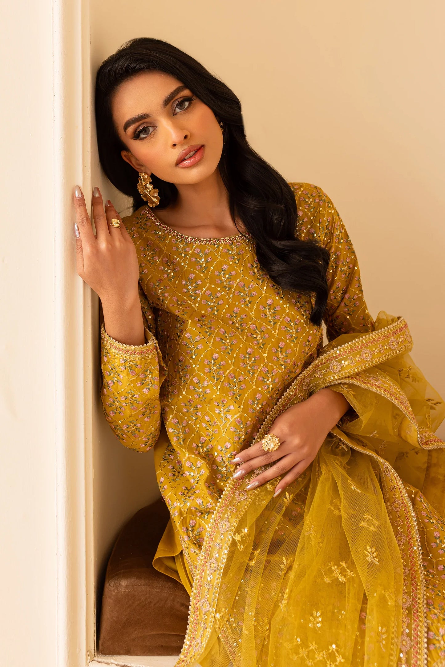 Sand Bloom 3Pc - Embroidered Sharara Pret