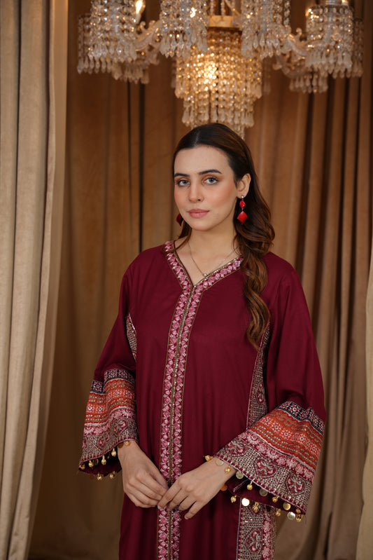 Crimson Charm | Embroidered Dhanak 2Pc – Noureza