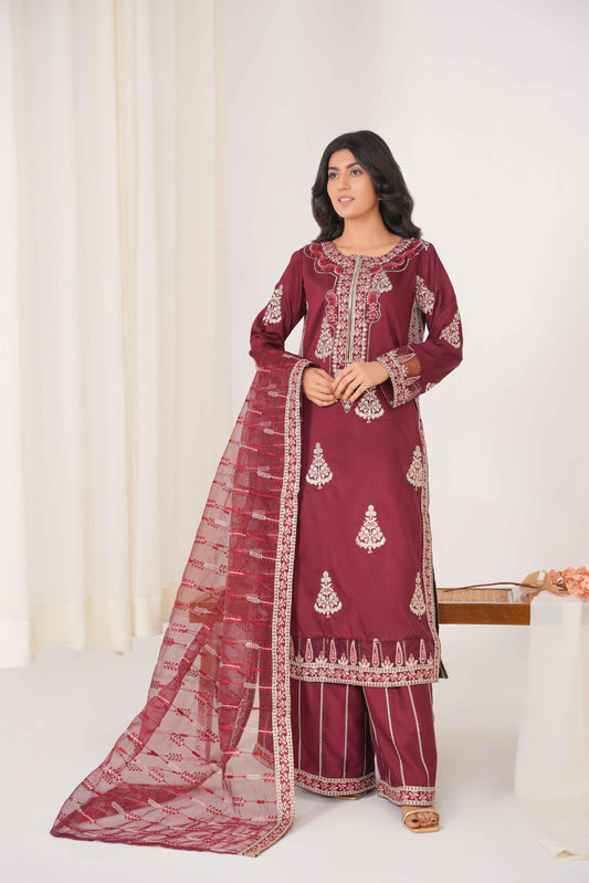 Magenta 3PC - Embroidered Luxe  Pret